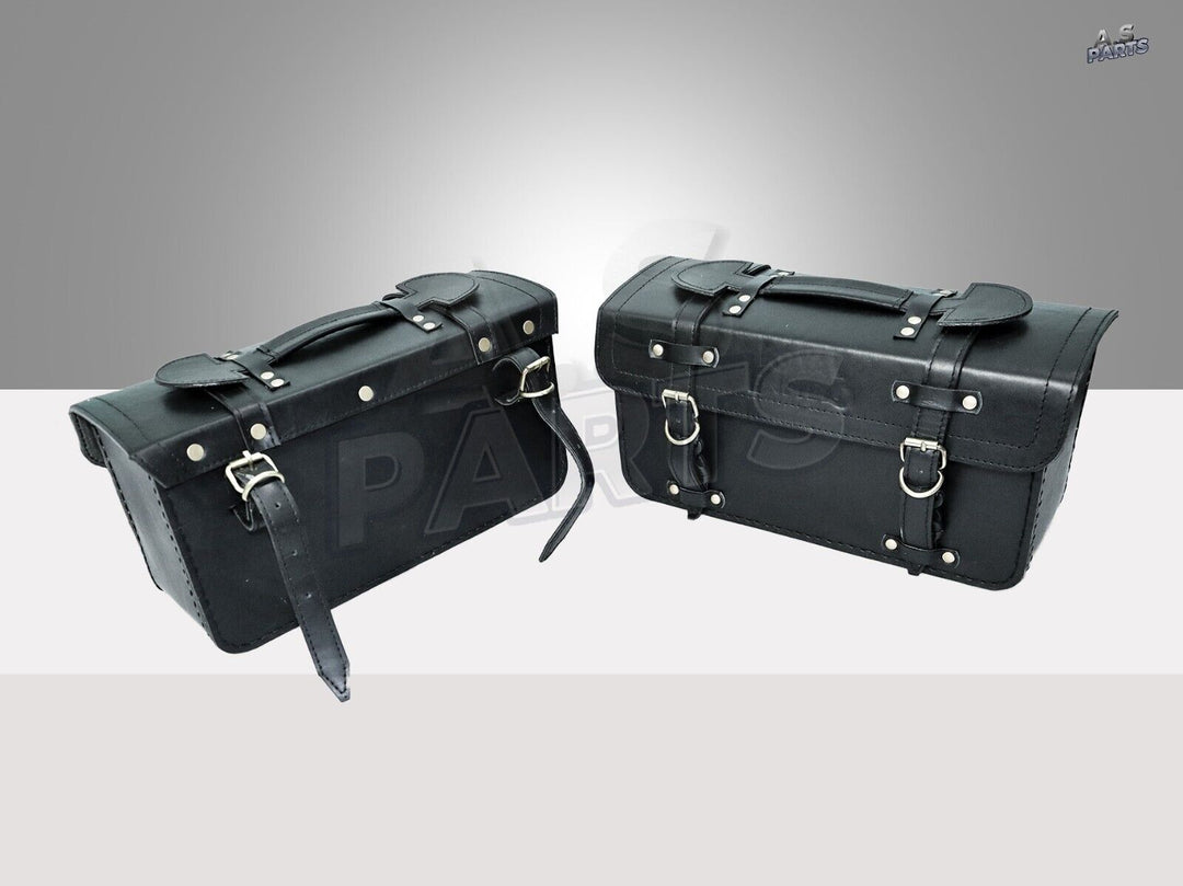 Black Leather Pannier Bags Pair & Rails Fits Royal Enfield Twins Interceptor 650