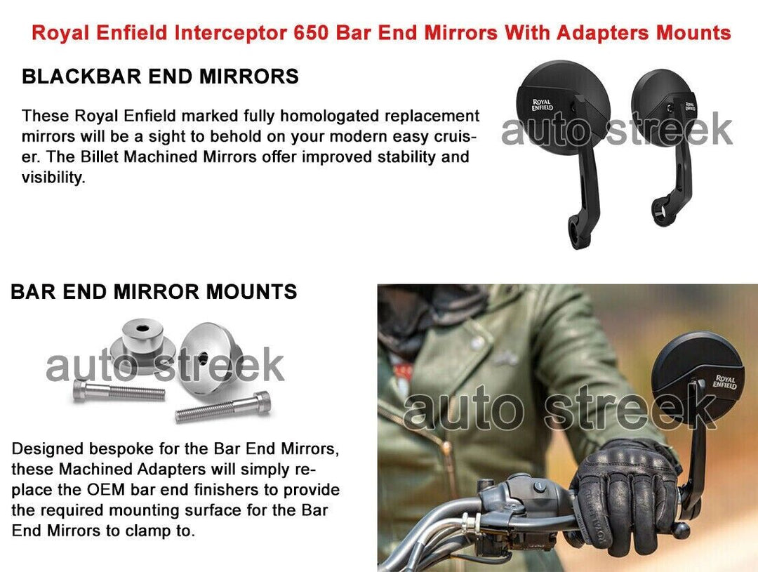 Bar End Mirrors With Adapters Mounts Fits Royal Enfield Interceptor 650