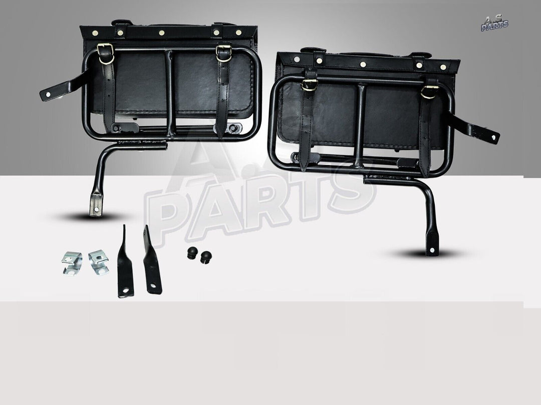 Black Leather Pannier Bags Pair & Rails Fits Royal Enfield Twins Interceptor 650