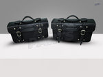 Load image into Gallery viewer, Black Leather Pannier Bags Pair &amp; Rails Fits Royal Enfield Twins Interceptor 650
