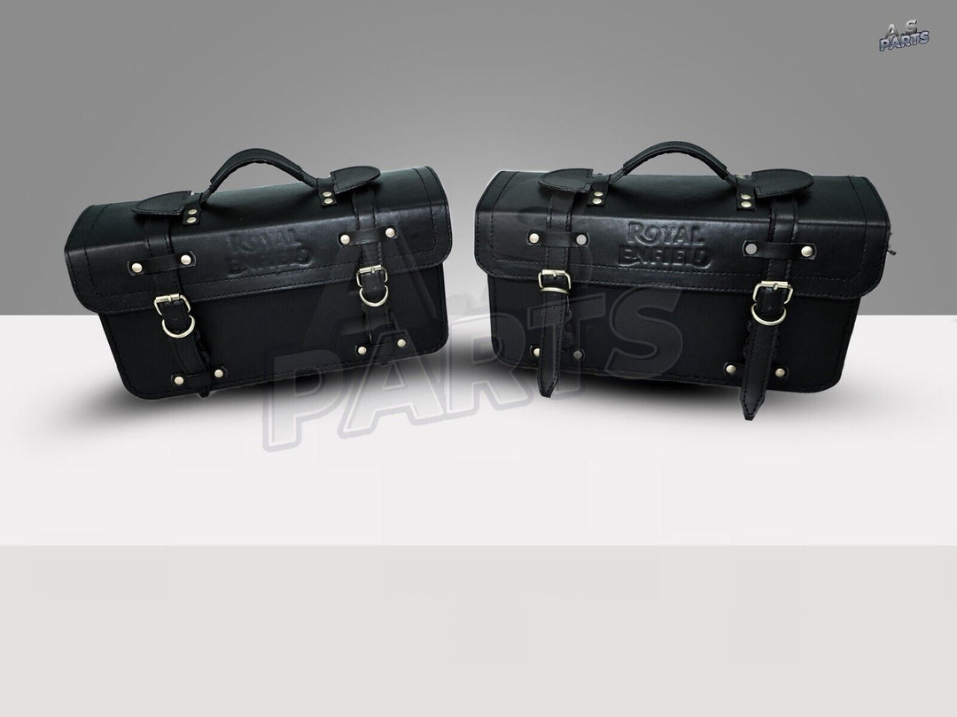 Black Leather Pannier Bags Pair & Rails Fits Royal Enfield Twins Interceptor 650